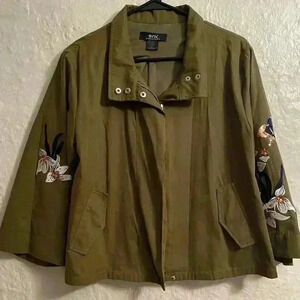 Eric Signature lined, army green, full zip jacket with sequined sleeves; size M